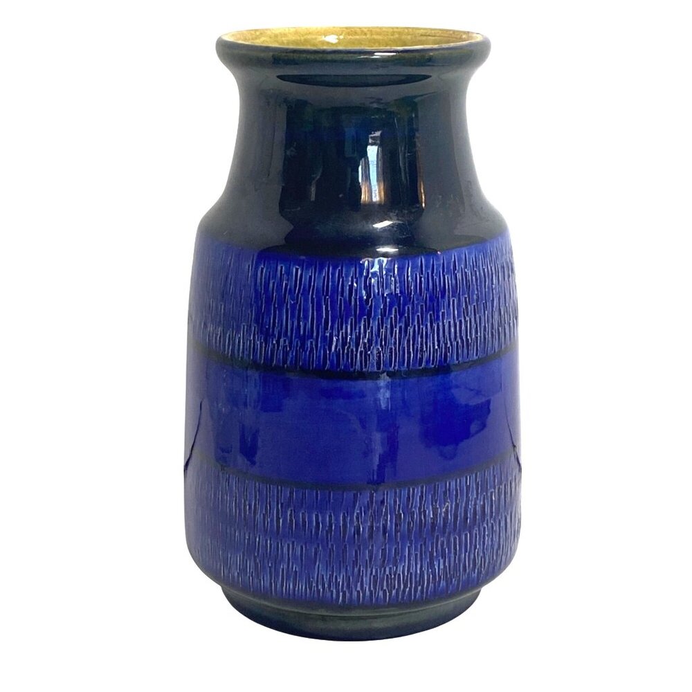 c1970 Blue Glazed Textured Ceramic Vase West Germany Handmade Vintage READ